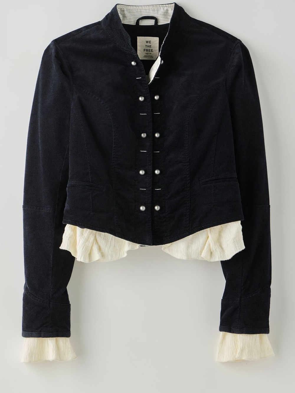 Free People Black Corduroy Blazer with Cream Ruffle Trim